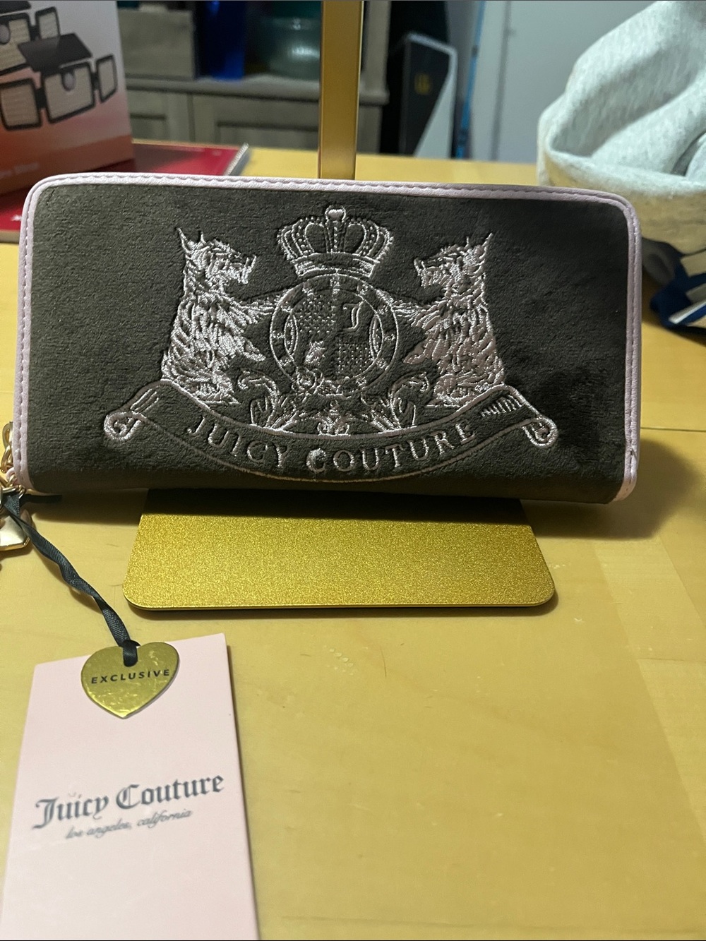 Juicy Couture Brown Velvet Zip Wallet with Pink Trim